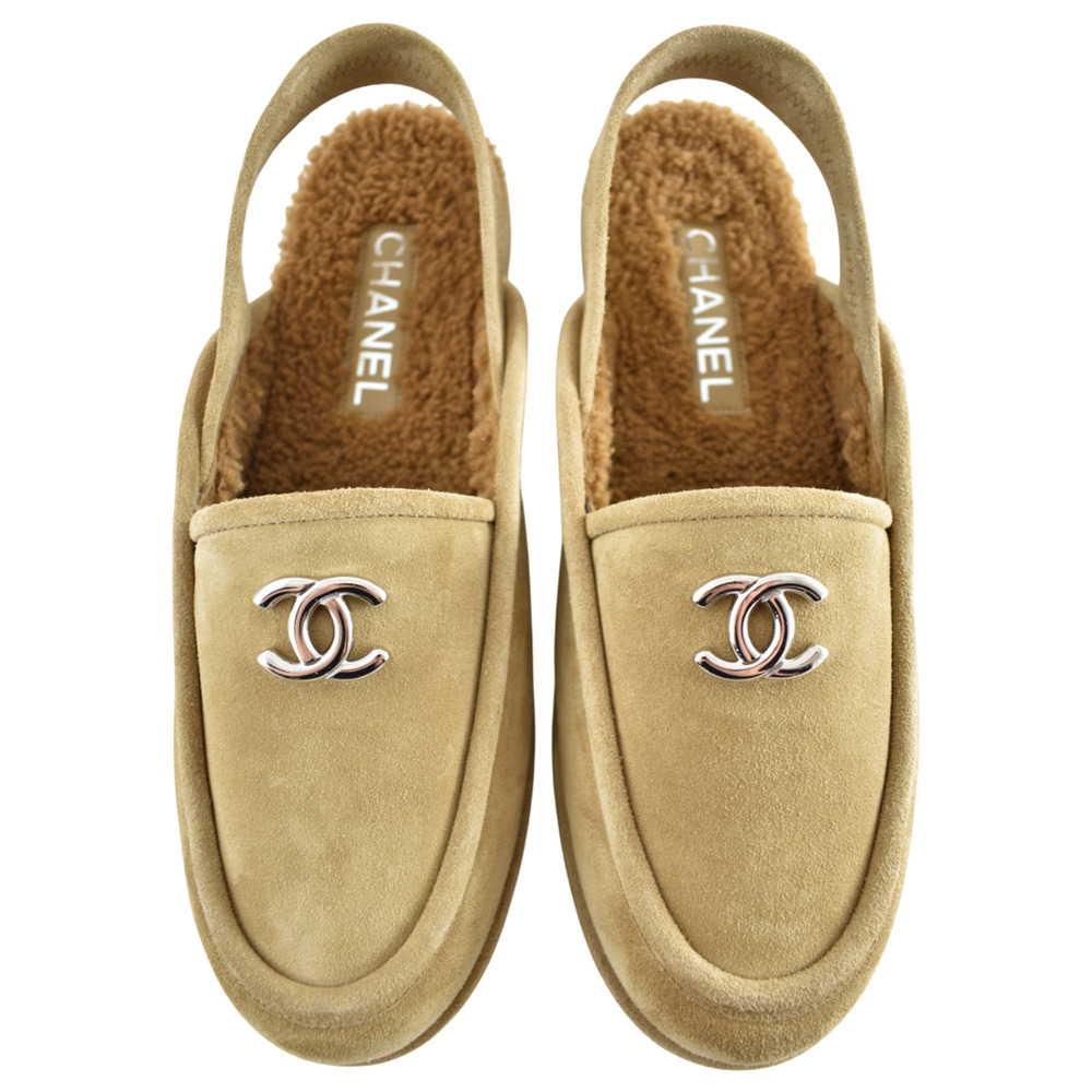 Chanel Dark Beige Suede Shearling CC Moccasin Ballet Slingback Loafer Flat 42 - Picture 1 of 16